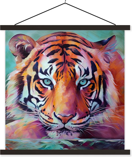Support mural inclus. Affiche 90x90 cm - Affiche scolaire - Tigre - Peinture à l'huile - Animaux - Art - Affiche textile - Lattes noires