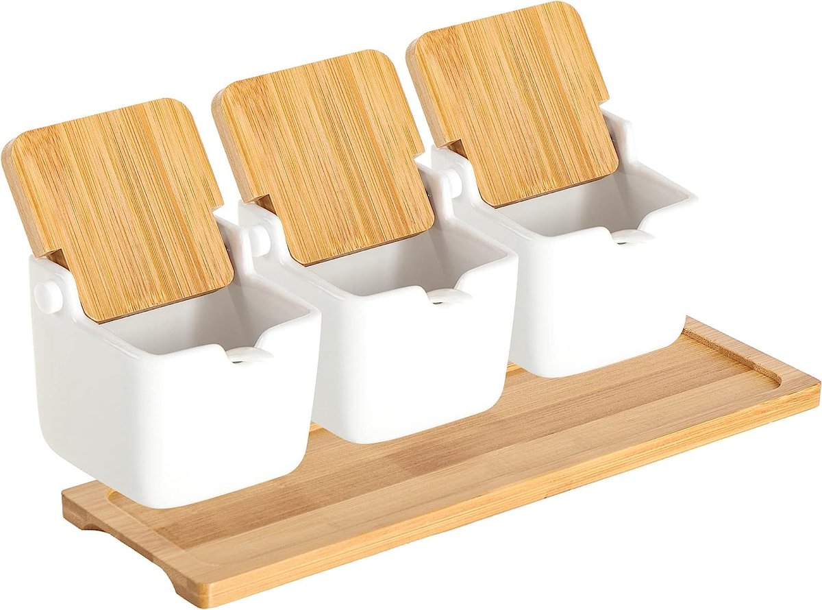 7-delige porseleinen kommen set met lepel en deksel - jam- en suikerdispenser met serveerplank van bamboe voor ontbijtbuffet - kruidenpotjes van keramiek (7-delig - vierkant)