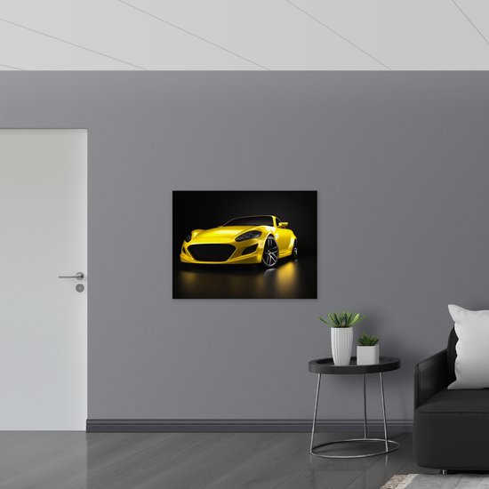 Acrylglas - Vooraanzicht van Gele Auto tegen Zwarte Achtergrond - 100x75 cm Foto op Acrylglas (Wanddecoratie op Acrylaat)