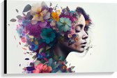 Canvas - Vrouw met Kapsel van Kleurrijke Bloemen tegen Witte Achtergrond - 90x60 cm Foto op Canvas Schilderij (Wanddecoratie op Canvas)