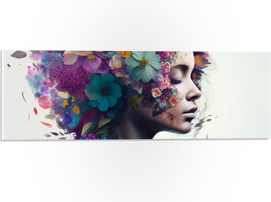 PVC Schuimplaat - Vrouw met Kapsel van Kleurrijke Bloemen tegen Witte Achtergrond - 60x20 cm Foto op PVC Schuimplaat (Met Ophangsysteem)