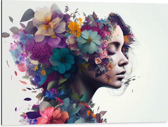 Dibond - Vrouw met Kapsel van Kleurrijke Bloemen tegen Witte Achtergrond - 80x60 cm Foto op Aluminium (Met Ophangsysteem)