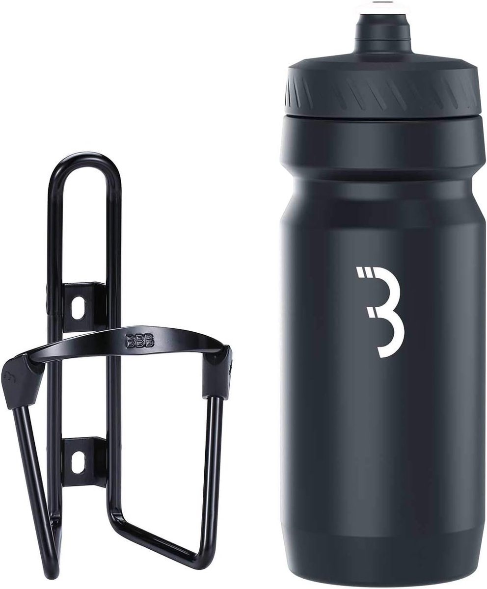 BBB Cycling FuelTank - Aluminium Bidonhouder met Bidon - 550ml - Glanzend Zwart / Wit - Racefiets & Mountainbike - Drinkbushouder Fiets - BBC-03C