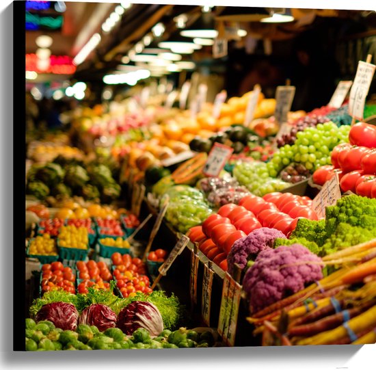 Canvas - Markt - Eten - Groente - Fruit - Kleuren - 60x60 cm Foto op Canvas Schilderij (Wanddecoratie op Canvas)