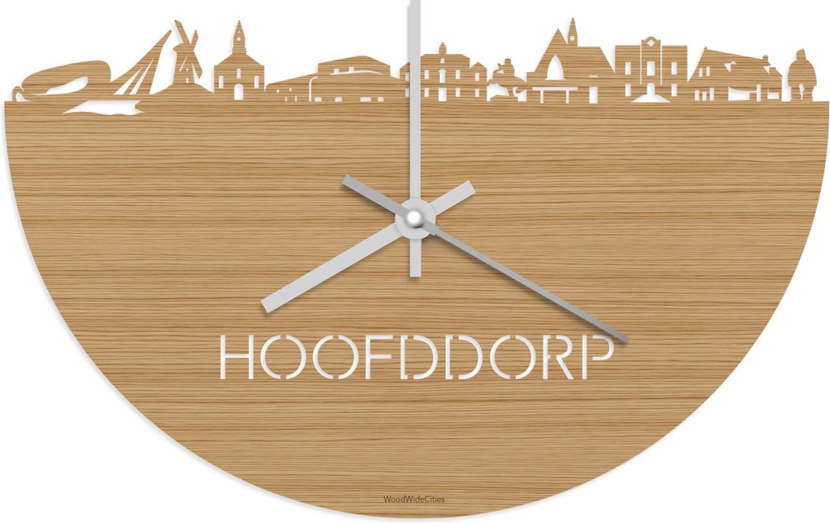 Skyline Klok Hoofddorp Bamboe hout - Ø 40 cm - Stil uurwerk - Wanddecoratie - Meer steden beschikbaar - Woonkamer idee - Woondecoratie - City Art - Steden kunst - Cadeau voor hem - Cadeau voor haar - Jubileum - Trouwerij - Housewarming -