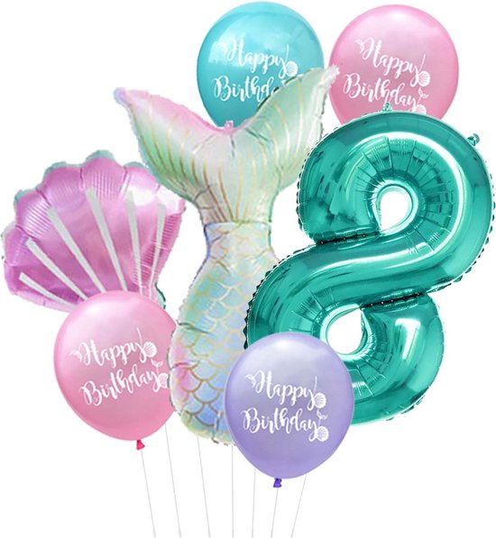 Cijfer ballon 8 Turquoise - Zeemeermin - Mermaid - Meermin - Ballonnen Pakket - Kinderfeestje - Helium Ballonnen - Snoes