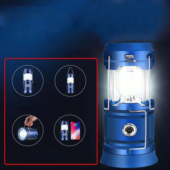 Multifunctionele Solar LED Campinglamp met Handvatten - IP10 - USB-lader en Powerbank-blauw van Merkloos — afbeelding 2
