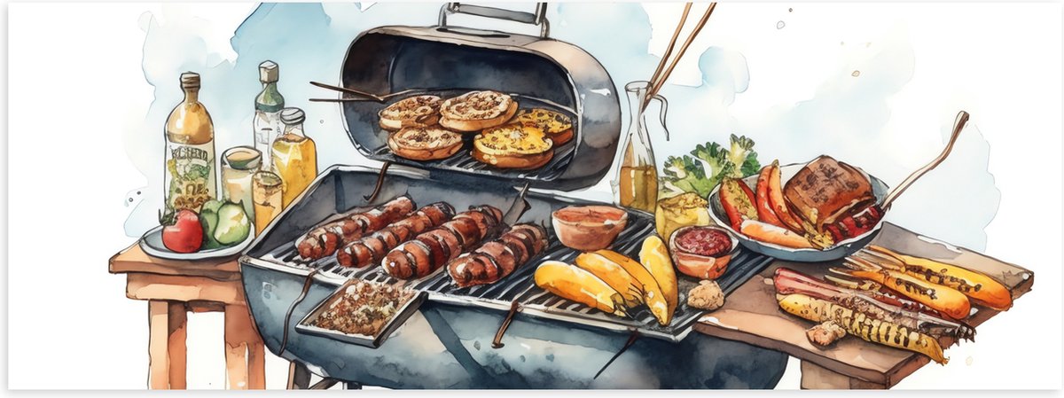 Poster (Mat) - Tekening met Barbecue met Eten - 120x40 cm Foto op Posterpapier met een Mat