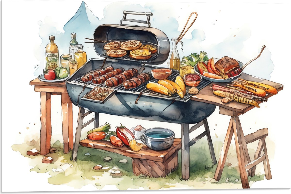 Acrylglas - Tekening met Barbecue met Eten - 60x40 cm Foto op Acrylglas (Met Ophangsysteem