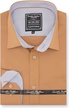 Heren Overhemd - Slim Fit - Chambray Contrastbeleg - Licht Bruin - Maat S