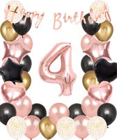 Snoes Ballonnen 4 Jaar Set Mega Rose Black Zwart Ballonen set - Compleet Feestpakket Cijferballon 4 Jaar - Verjaardag Versiering Slinger Happy Birthday – Folieballon – Latex Ballonnen - Helium Ballonnen