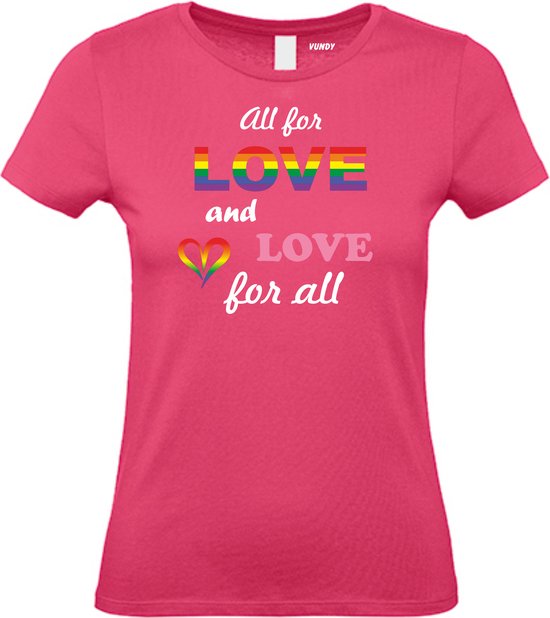 Dames T-shirt Love For All | Gay pride shirt kleding | Regenboog kleuren | LGBTQ | Roze dames | maat XL