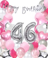 Snoes Ballonnen 46 Jaar Pink Blush Silver Mega Ballon - Compleet Feestpakket 46 Jaar - Verjaardag Versiering Slinger Happy Birthday – Folieballon – Latex Ballonnen - Helium Ballonnen - Zilver en Roze Verjaardag Decoratie