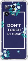 Shockproof Case Xiaomi 13 Pro Smartphonehoesje met transparante rand Flowers Blue Don't Touch My Phone