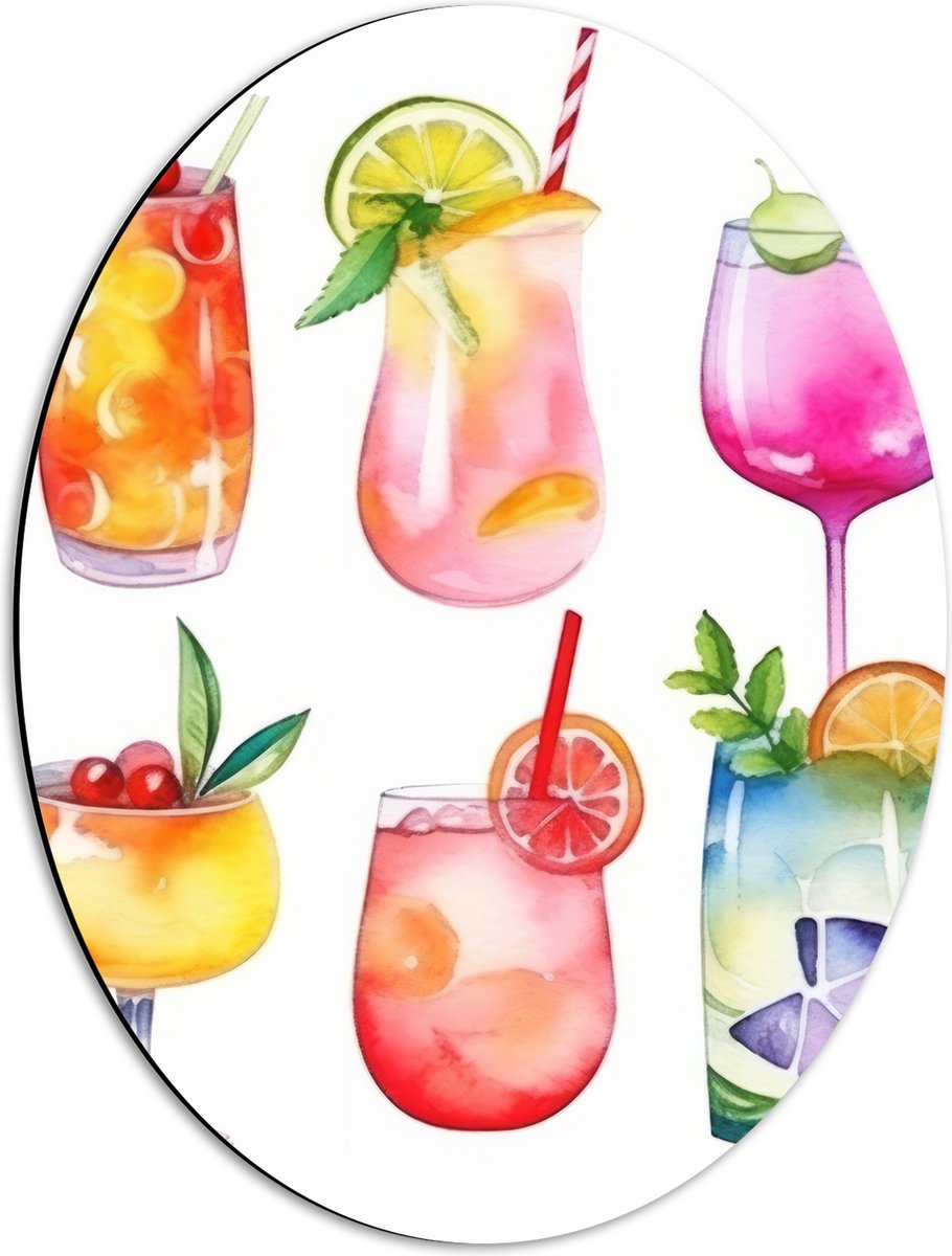 Dibond Ovaal - Waterverf Tekening van Verschillende Kleuren Cocktails op Witte Achtergrond - 42x56 cm Foto op Ovaal (Met Ophangsysteem)