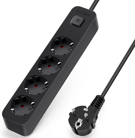 Zwarte stekkerdoos met 4 stopcontacten, aan/uit schakelaar en 5m kabel.