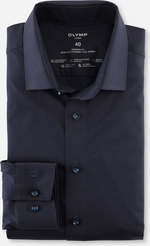OLYMP Luxor modern fit overhemd 24/7 - mouwlengte 7 - marine blauw - Strijkvriendelijk - Boordmaat: 40