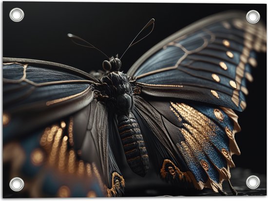 Tuinposter – Vlinder met Zwarte Vleugels met Gouden Details - 40x30 cm Foto op Tuinposter (wanddecoratie voor buiten en binnen)