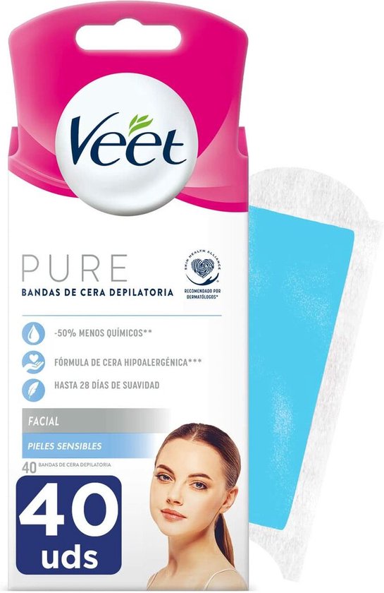 Veet Pure gezichtswaxstrips, 40 stuks voor de gevoelige huid, met een afbeelding van een vrouw met een zachte huid.