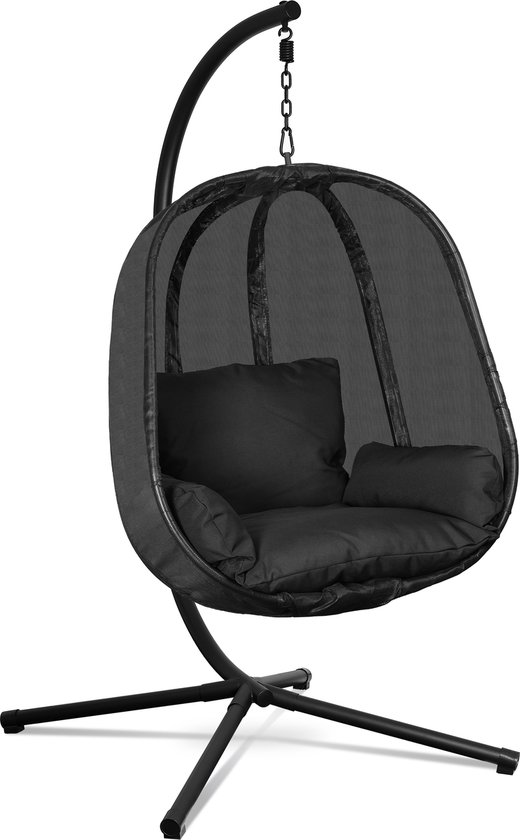 Swoods Luxe Hangstoel – Hangstoel met standaard – Voor Binnen en Buiten – Incl. Zitkussen, Zijkussen en Rugkussen – Egg Chair – Cocoon – Ei Stoel – tot 150kg – Zwart