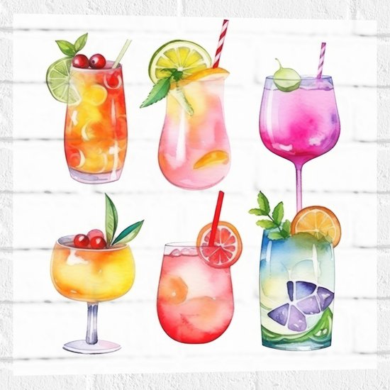 Muursticker - Waterverf Tekening van Verschillende Kleuren Cocktails op Witte Achtergrond - 50x50 cm Foto op Muursticker