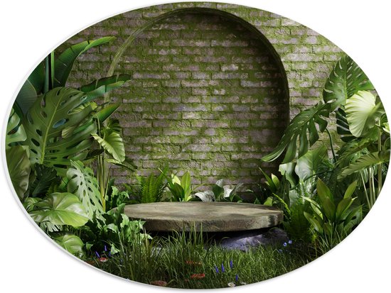 PVC Schuimplaat Ovaal - Tuin met Groene Planten - 40x30 cm Foto op Ovaal (Met Ophangsysteem)
