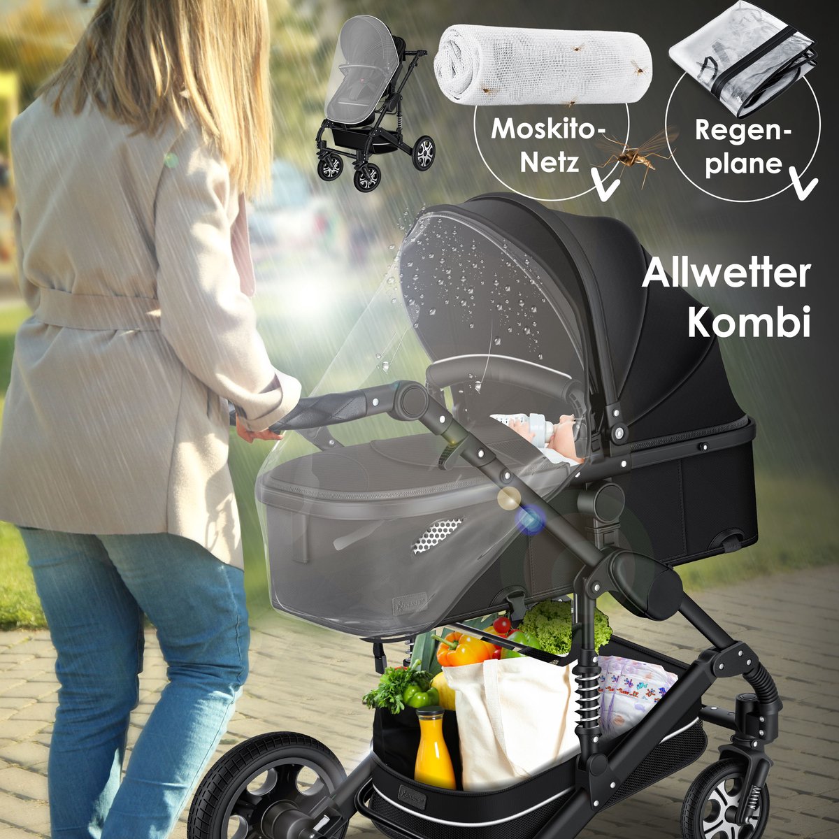 KESSER Loops 3-in-1 Kinderwagen Combi - Complete Set Met Babywieg, Buggy &  Autostoel, Beige/Zwart Babywagen Met Rubberen Banden