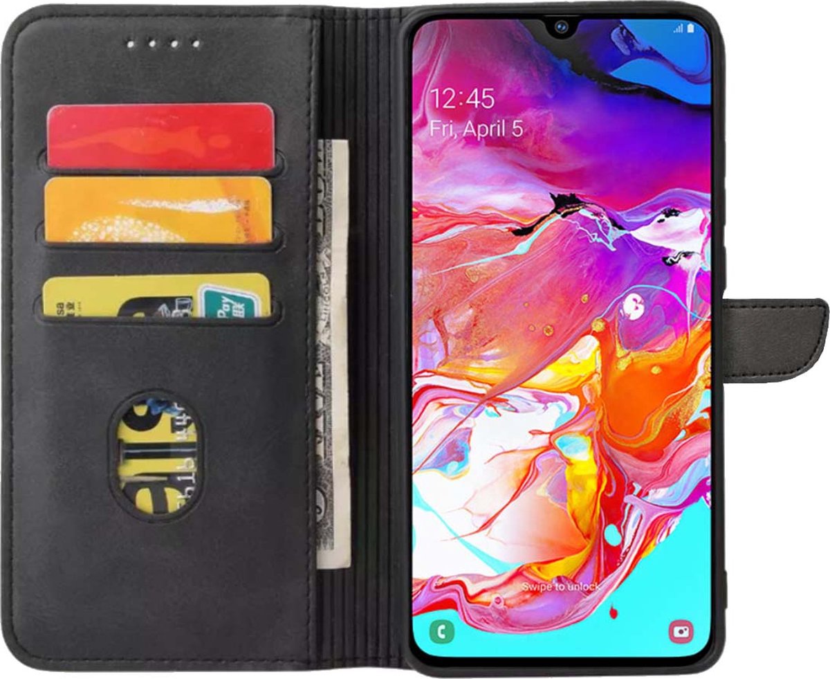 Geschikt voor Samsung Galaxy A70 Telefoonhoesje Kunstleer met Magnetisch lipje en Pasjeshouder Book Case met Klepje - Zwart - Smartphonica geschikt voor Samsung Galaxy A70
