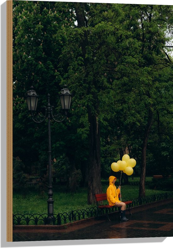 Hout - Bomen - Persoon - Bankje - Parkje - Lantaarnpaal - Regenjas - Ballonnen - Regen - 50x75 cm - 9 mm dik - Foto op Hout (Met Ophangsysteem)