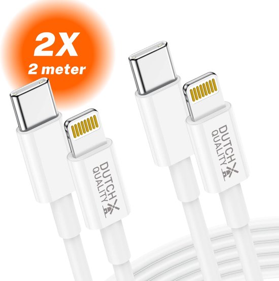 Dutch Quality® - 2x oplader kabel geschikt voor Apple iPhone 6/7/8/9/10/11/12/13/14 - USB-C 2 Meter - Geschikt voor lightning naar USB C kabel - Wit – Premium Oplaadset (2-pack)