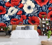 Vliesbehang - Fotobehang - Bloemen - Natuur - Bloem - Bladeren - Tuin - Rode bloemen - Rood - 104x152 cm (Hoogte x Lengte)