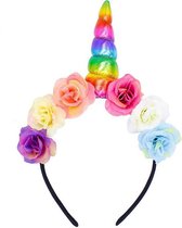 Bloemen eenhoorn haarband regenboog unicorn diadeem - gekleurde hoorn - bloemetjes paars roze wit blauw festival