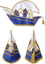 Prins Carnaval steek muts blauw met steentjes - prinsenmuts raad van elf goud wit satijn prinsensteek