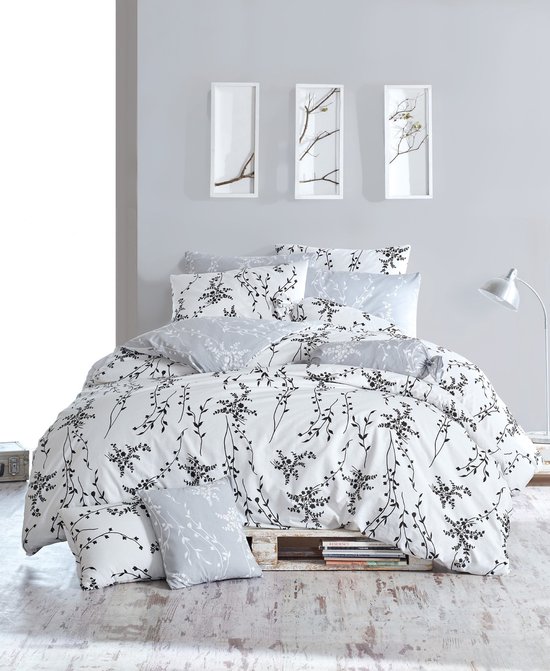 Housse de couette Gris Blumen V4 - Fleurs - 220x240 + 2 Taies Taies  d'oreiller