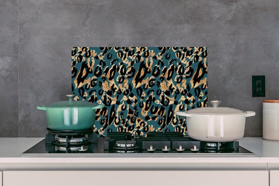 Spatscherm keuken 60x40 cm - Kookplaat achterwand Dierenprint - Panterprint - Turquoise - Muurbeschermer - Spatwand fornuis - Hoogwaardig aluminium