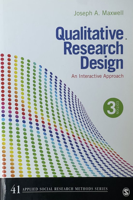 Livre 'Qualitative Research Design' par Joseph A. Maxwell, 3e édition, avec un motif arc-en-ciel de points.