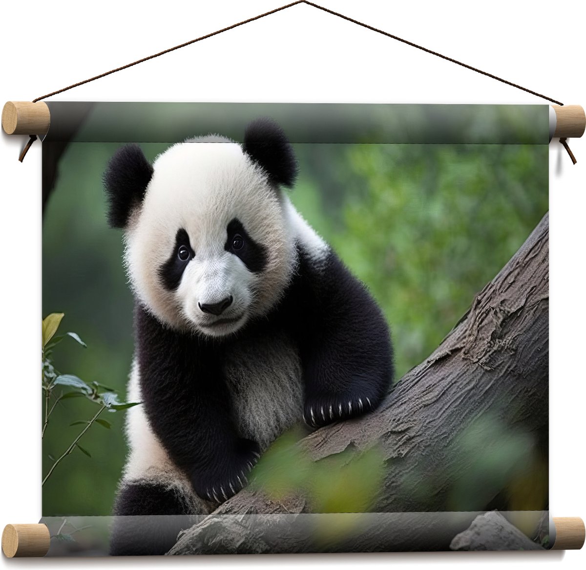 Textielposter - Aankijkende Panda op Boomstam in het Bos - 40x30 cm Foto op Textiel
