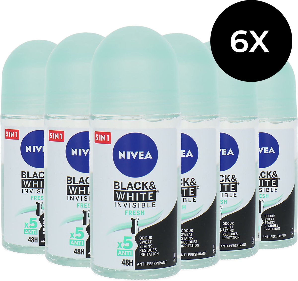 Goedkoopste Nivea Black & White Invisible Fresh Deo Roller - 6 x 50 ml