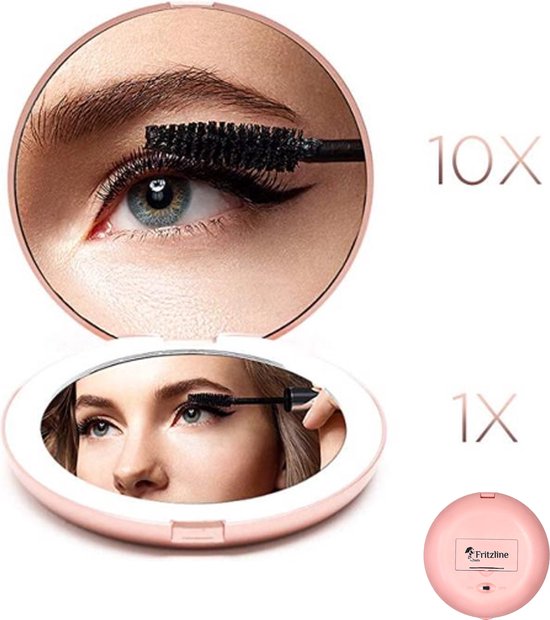 Fritzline® Compacte Make-up spiegel met LED verlichting - 10X en 1X vergroting - Handspiegel - Zakspiegel - Reisspiegel - Make-upspiegel - Roze