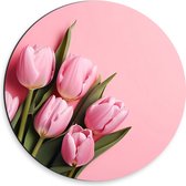 Dibond Muurcirkel - Boeket van Roze Tulpen Liggend op Roze Oppervlak - 30x30 cm Foto op Aluminium Muurcirkel (met ophangsysteem)
