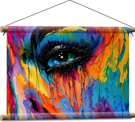Textielposter - Acrylverf Schilderij van Deel van Regenboogkleurig Gezicht - 60x40 cm Foto op Textiel