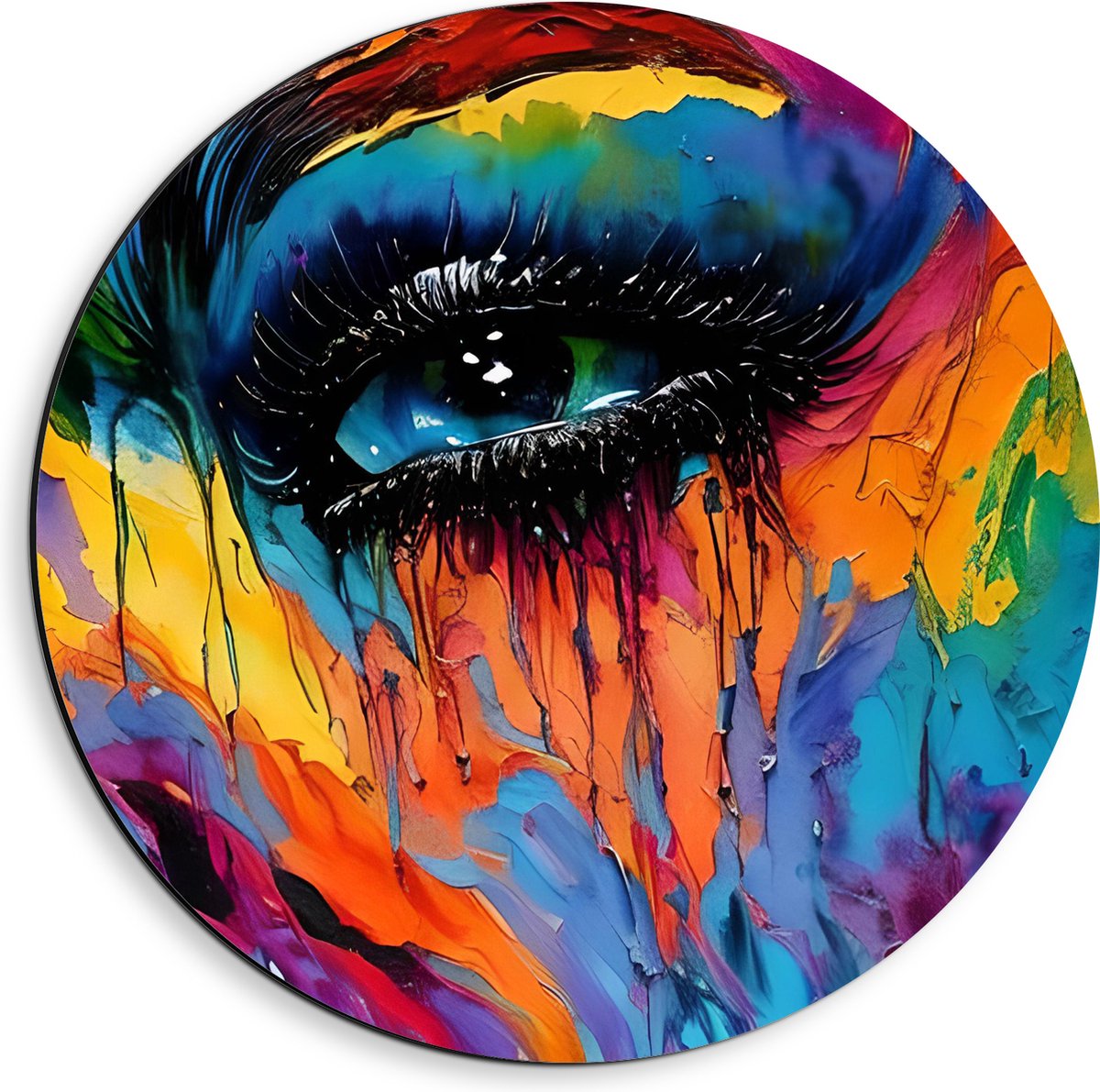 Dibond Muurcirkel - Acrylverf Schilderij van Deel van Regenboogkleurig Gezicht - 40x40 cm Foto op Aluminium Muurcirkel (met ophangsysteem)