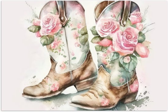 Poster (Mat) - Acryl Tekening van Cowboy Boots Versierd met Bloemen - 60x40 cm Foto op Posterpapier met een Matte look