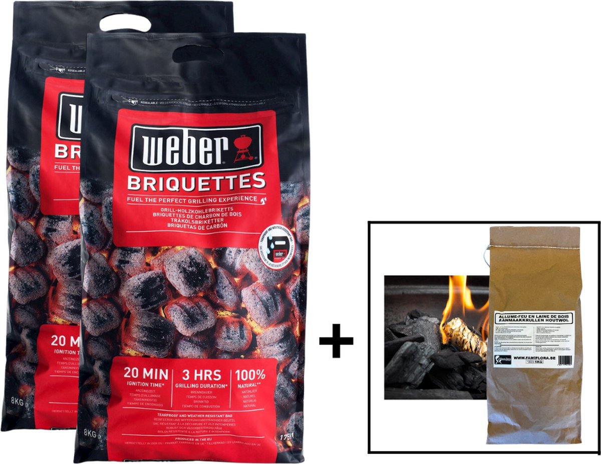 Weber briketten barbecue 16KG (2 x 8KG) + gratis Famiflora houtwol aanmaakhout (1000 GR) - BBQ briketten voordeelverpakking