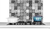 Spatscherm keuken 90x60 cm - Kookplaat achterwand Retro - Tegels - Zwart wit - Bloemen - Muurbeschermer - Spatwand fornuis - Hoogwaardig aluminium