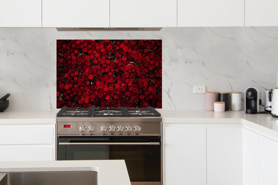 Spatscherm keuken 100x65 cm - Kookplaat achterwand Bloemen - Rozen - Rood - Muurbeschermer - Spatwand fornuis - Hoogwaardig aluminium