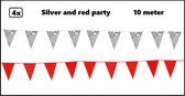 4x Vlaggenlijn Silver and Red party 10 meter - Zilver en rood - Festival thema feest party verjaardag gala jubileum