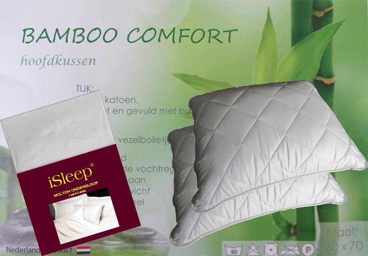 iSleep Bamboo Hoofdkussen Set (2 Kussens + 2 iSleep Moltonslopen) - 60x70 cm - Wit