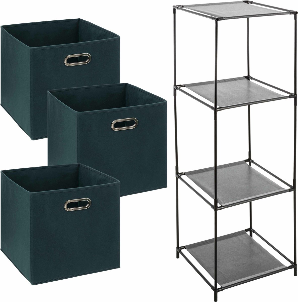 Kastmandjes/opberg manden - emerald groen - 3x stuks van 29 Liter - In metalen rekje van 34 x 98 cm