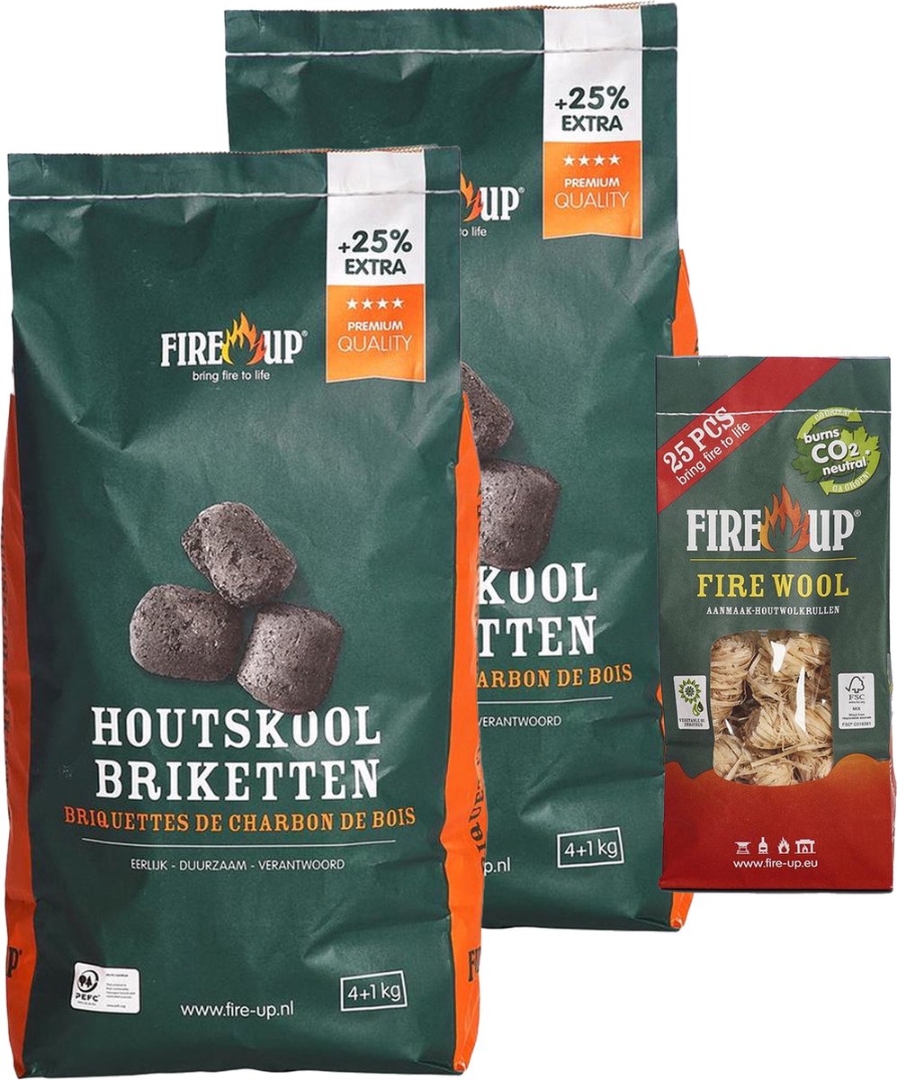 BBQ starterspakket - houtskool briketten 10 kilo - barbecue aanmaak houtwolkrullen 25x